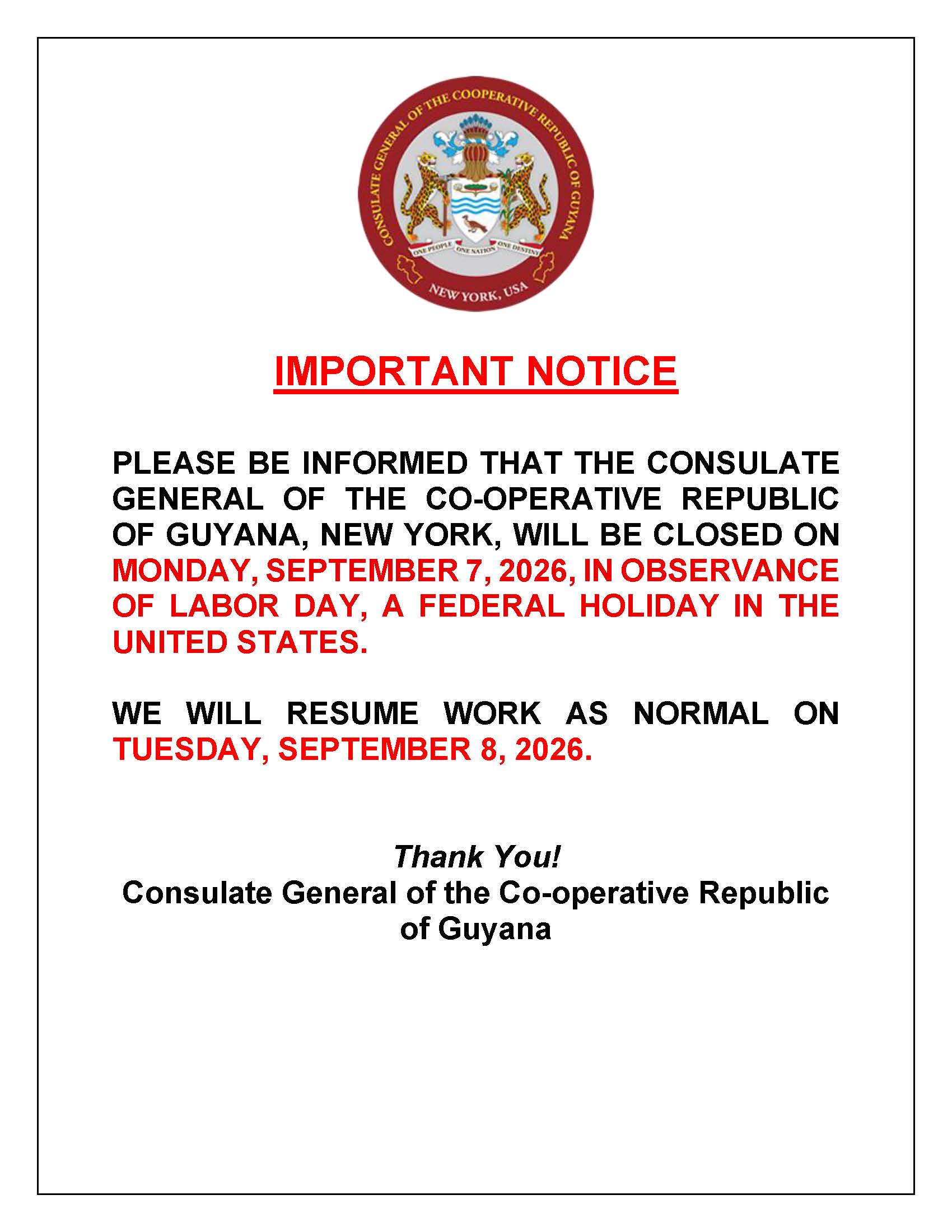 IMPORTANT NOTICE - CLOSURE OF THE CONSULATE - Labour Day 2026
